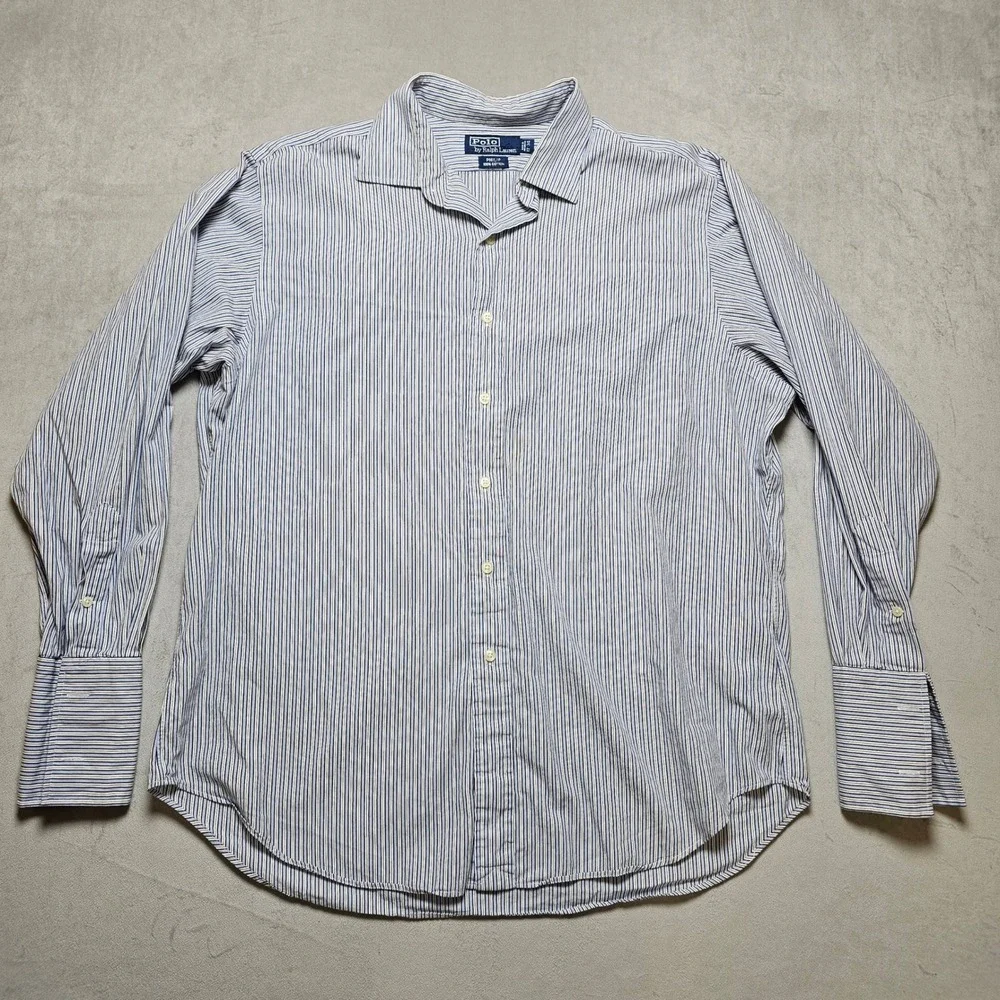 Polo Ralph‎ Lauren Philip Mens 17-34 Blue White Striped Cotton French Cuff Shirt